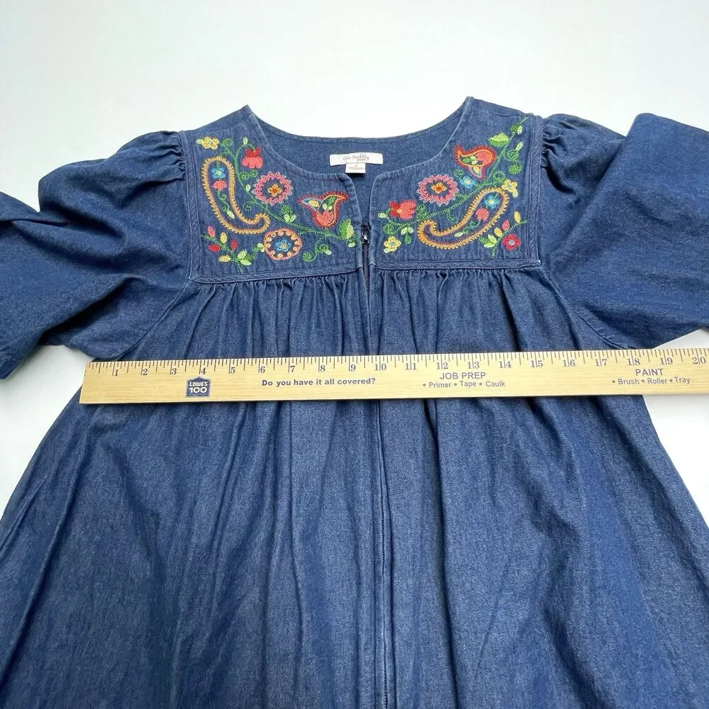 Go Softly Patio Embroidered Full Zip Denim Chambray Housedress Women's Size S